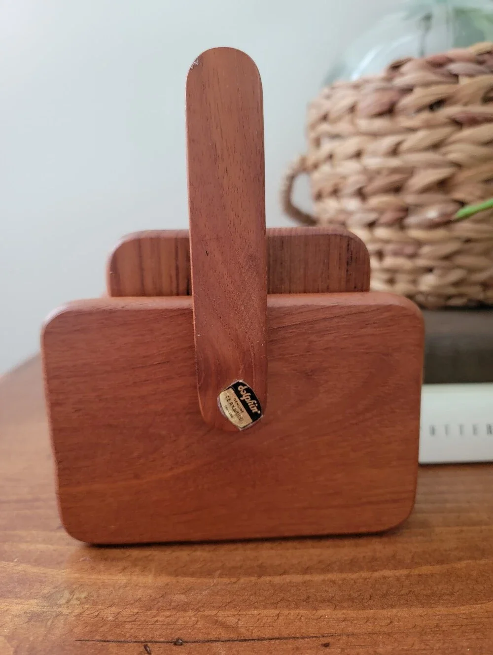 Vintage MCM Dolphin Teakwood 6 Piece Coaster Set & Caddy Mid-Century Modern